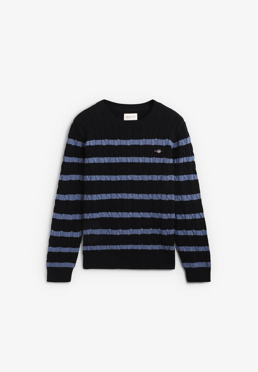 STRIPED COTTON CABLE C-NECK JERSEY