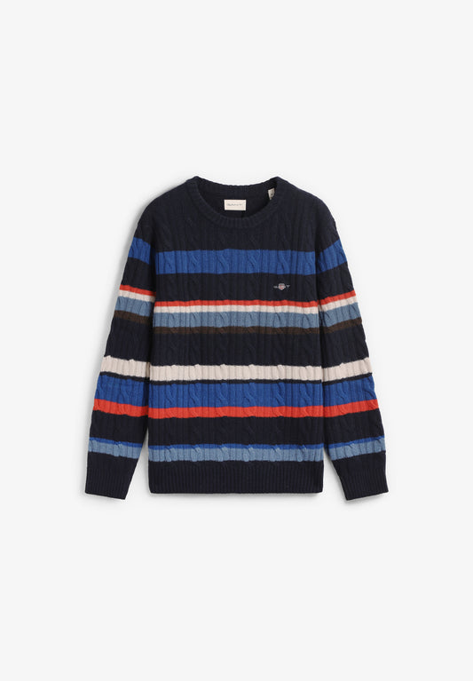 LAMBSWOOL CABLE STRIPED CREW NECK